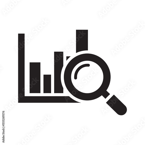 Data analysis icon with a magnifying glass over a bar chart for business research and financial market investigation showing statistics and trends vector solid glyph icon