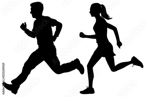 Boy and girl running silhouette vector in black on transparent background, isolated athletic children in motion shape

