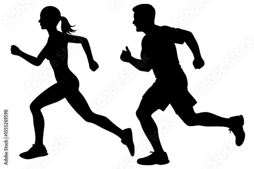 Boy and girl running silhouette vector in black on transparent background, isolated athletic children in motion shape

