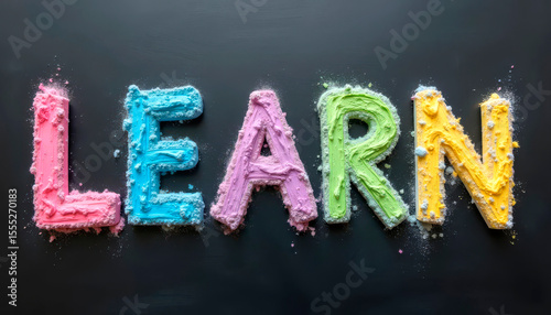 Word learn spelled with colorful chalk on dark slate board. New school year, knowledge, education start.