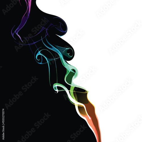 Colorful smoke plume abstract illustration with rainbow hues against black and white backgrounds