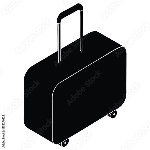 Isometric black suitcase illustration with handle and wheels on white background travel concept