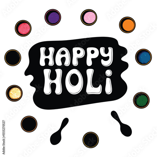 Happy Holi text with colorful powder circles and black spoons on white background flat lay