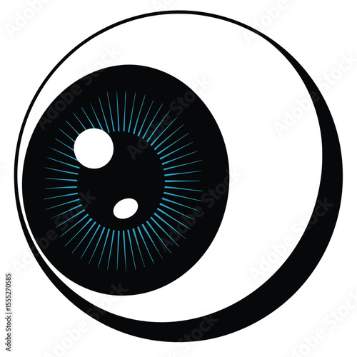 Stylized cartoon eyeball illustration with black iris blue lines and white highlights on a