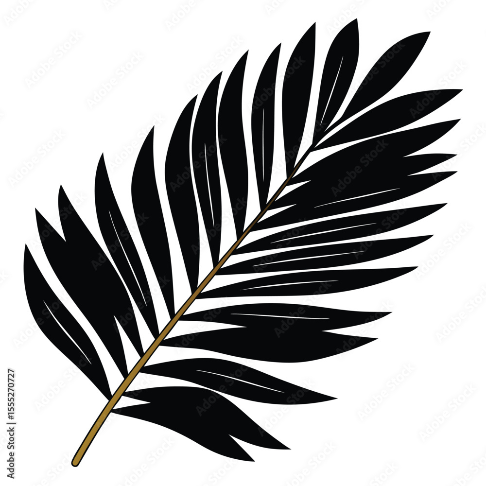 Fototapeta premium Isolated black palm frond illustration with brown stem on white background graphic leaf