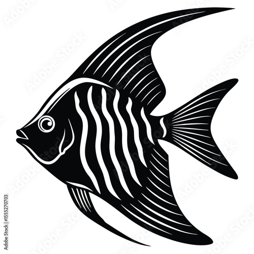 Black and white illustration of an angelfish with striped body and detailed fins on white background