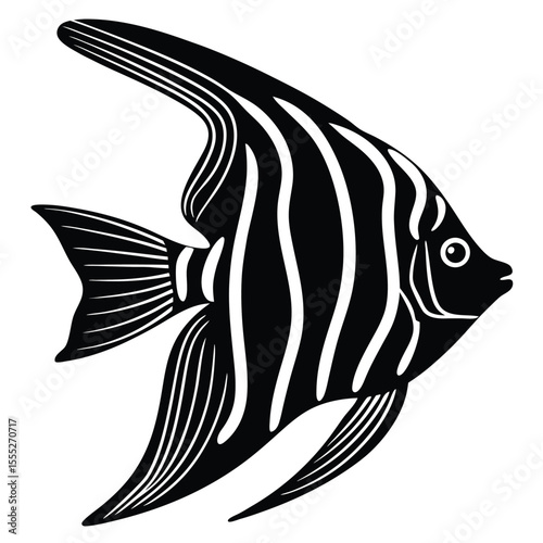 Black and white angelfish illustration with striped pattern and fins on a white background