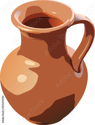 Terracotta pitcher illustration with handle and open top in shades of brown and tan on white
