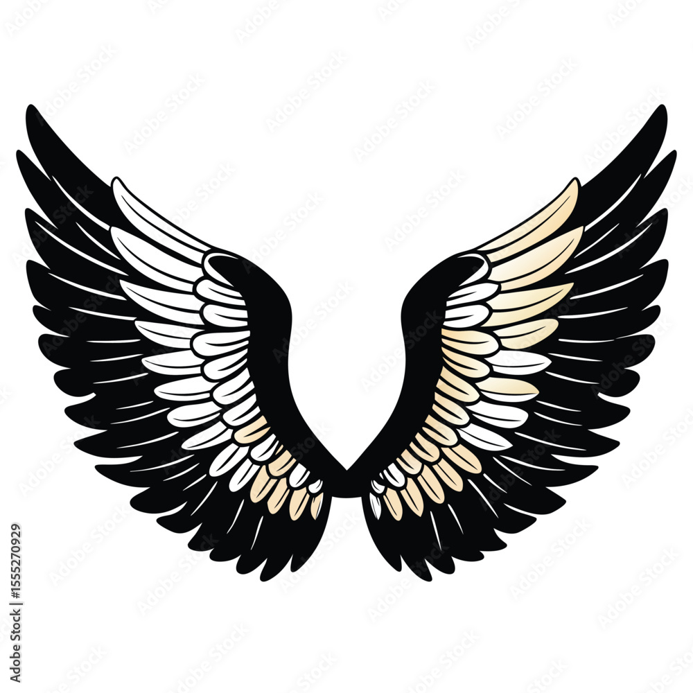 Fototapeta premium Illustration of a pair of stylized black and white angel wings with tan accents on white background