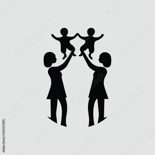 Black silhouette of two women holding up two babies against a light gray background family