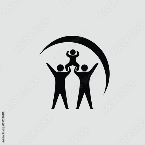 Black silhouette of a family with a child being held up under a curved shape on a gray background