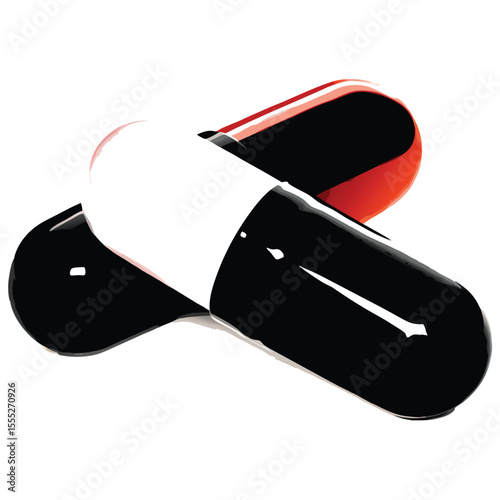 Two crossed black and white capsules with red accents on white background studio shot pills
