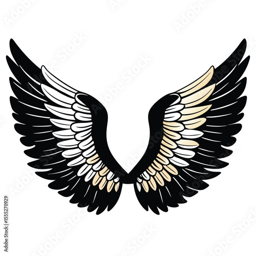 Illustration of a pair of stylized black and white angel wings with tan accents on white background