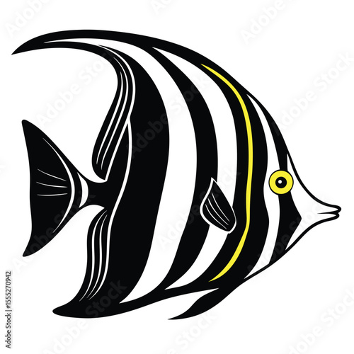 Profile view of a Moorish idol fish with black and white stripes and a yellow stripe and eye