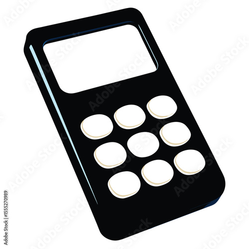 Cartoon calculator illustration with black body white buttons and screen isolated on white