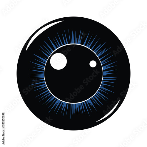 Graphic illustration of a human eye with black iris and blue lashes on a white background pupil