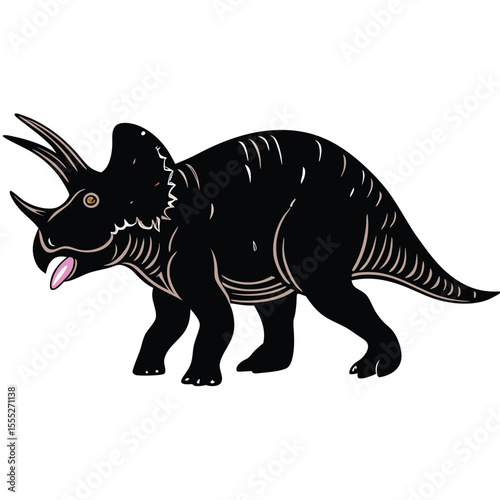 Black Triceratops Illustration with Horns and Tongue on White Background Dinosaur Animal prehistoric