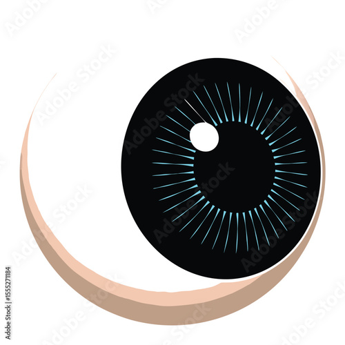 Illustration of a stylized human eye with black iris blue lines and white highlights on white