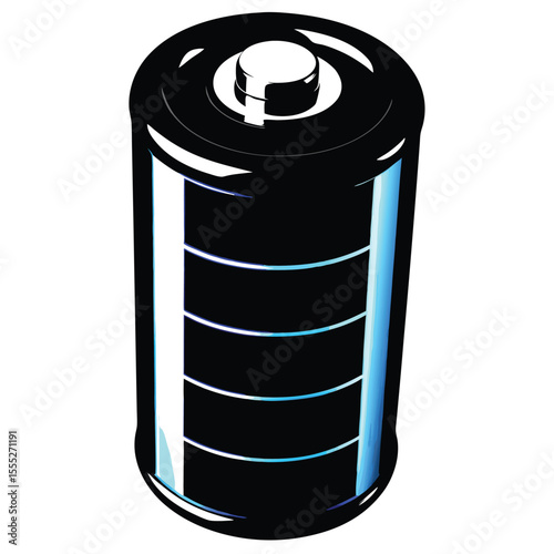 Black battery illustration with white and blue accents on a white background energy power