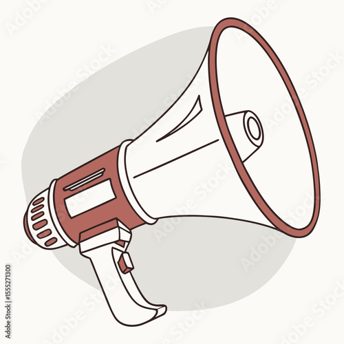 Digital illustration of a red and white megaphone on a light gray oval background with black