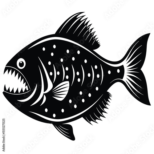 Black and white illustration of a piranha fish with sharp teeth and spotted body on white background