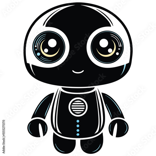 Cartoon robot illustration black white blue with large eyes and smiling face on a white background