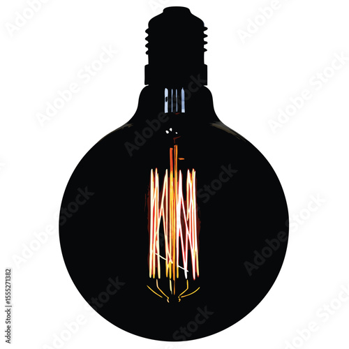 Close up of a black vintage Edison light bulb with glowing filament on white background lightbulb
