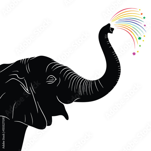 Silhouette of an Elephant Spraying Colorful Rainbow Water and Star Shapes on White Background
