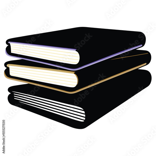 Minimalist 3 D Render of Stacked Black Books with Beige Pages and Colored Spines on White Background