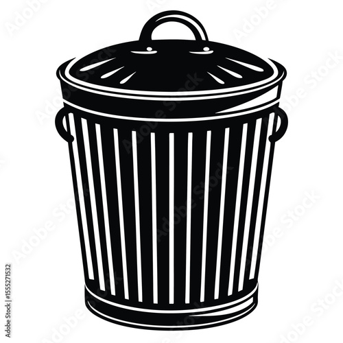 Black and white illustration of a classic metal trash can with a lid and handles on white background