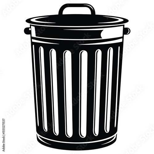 Black and white illustration of a classic metal trash can with a lid and handle on a white