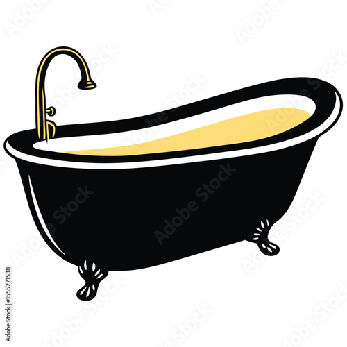 Stylized black bathtub with golden faucet and yellow water on white background illustration