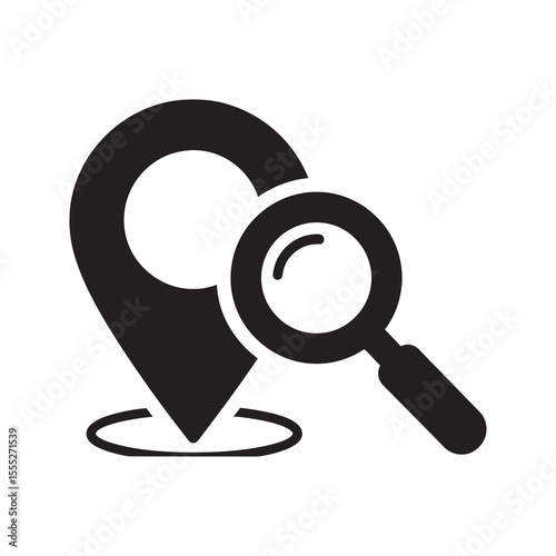 Location search icon with a magnifying glass over a map pin for finding an address or a point of interest with GPS navigation vector solid glyph icon