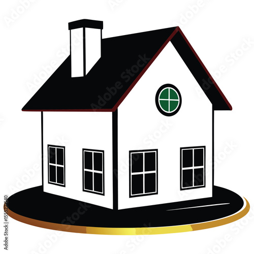 Stylized 3 D render of a white house with black roof chimney windows and a green circular window
