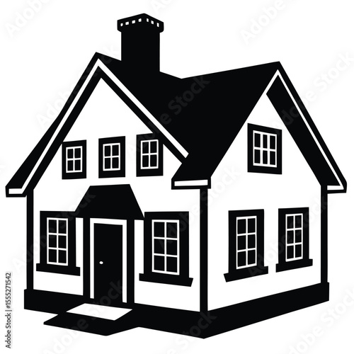 Black and white illustration of a simple two-story house with windows chimney and a door on