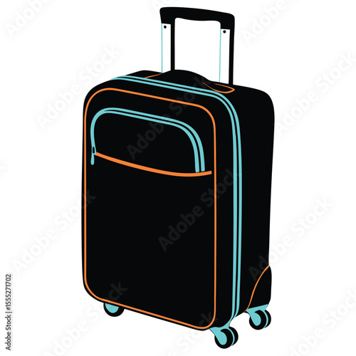 Stylized black suitcase with orange and teal accents on a white background travel luggage concept