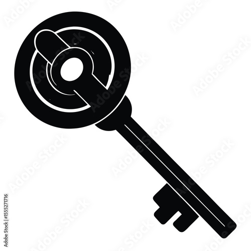 Black key illustration on white background with circular handle and rectangular teeth security