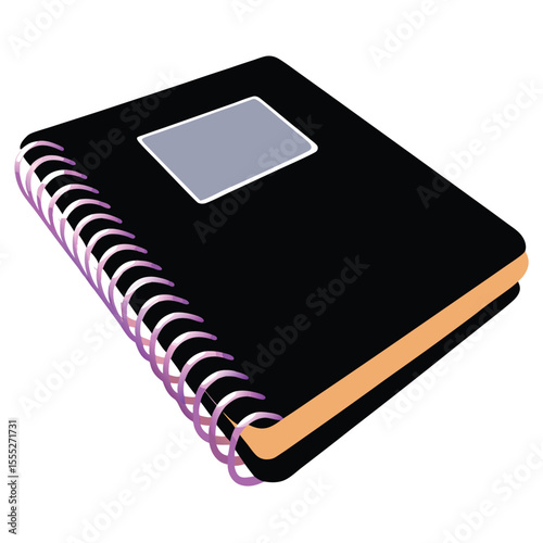 Stylized 3 D render of a black spiral notebook with lavender binding and a gray label on a