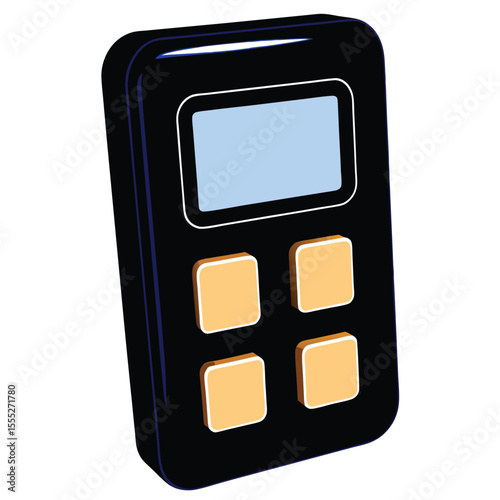 Cartoon calculator illustration with black body light blue screen and orange buttons isolated