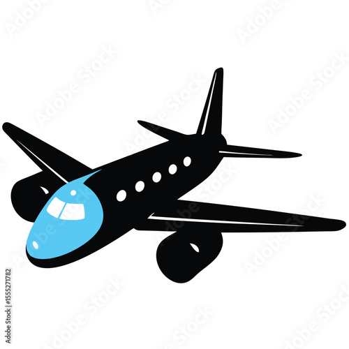 Cartoon airplane illustration black with blue nose and white windows isolated on white background