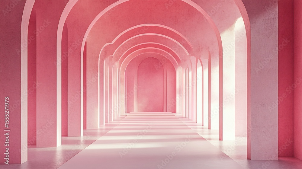 Fototapeta premium Pastel pink arched hallway. Sunlight streams through