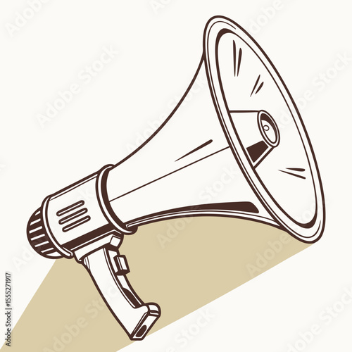 Brown and white megaphone illustration with shadow on a beige background graphic design element