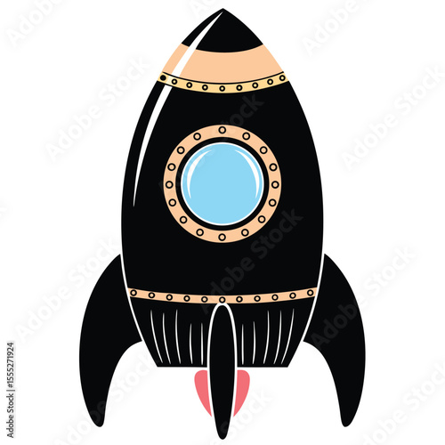 Stylized black rocket illustration with porthole window light blue and pink flame on white