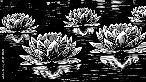lotus flower floating on water with symmetrical petals, a black and white sketch vector hand drawn