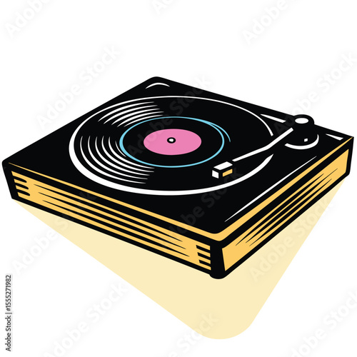 Illustration of a black turntable with a spinning vinyl record and a pink center on a light