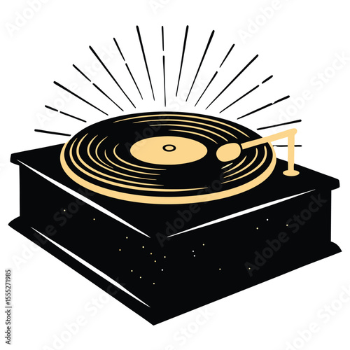 Black and gold vintage record player illustration with radiating lines and a white background