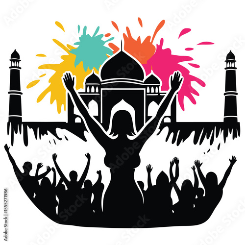 Silhouette Holi celebration with Taj Mahal background and colorful paint splashes and raised arms