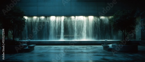 An urban waterfall installation illuminates a nighttime cityscape with its ethereal glow and seamless water flow.