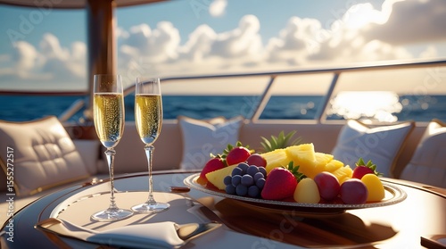 Scene on board a yacht with champagne and fruit