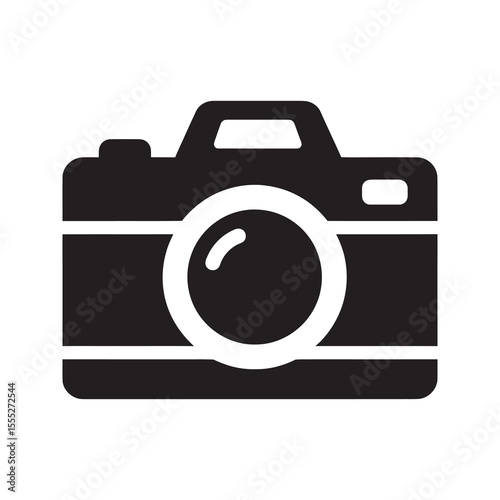 Camera icon for photography representing a device for taking a photo or picture with a lens for a professional or hobby photographer vector solid glyph icon